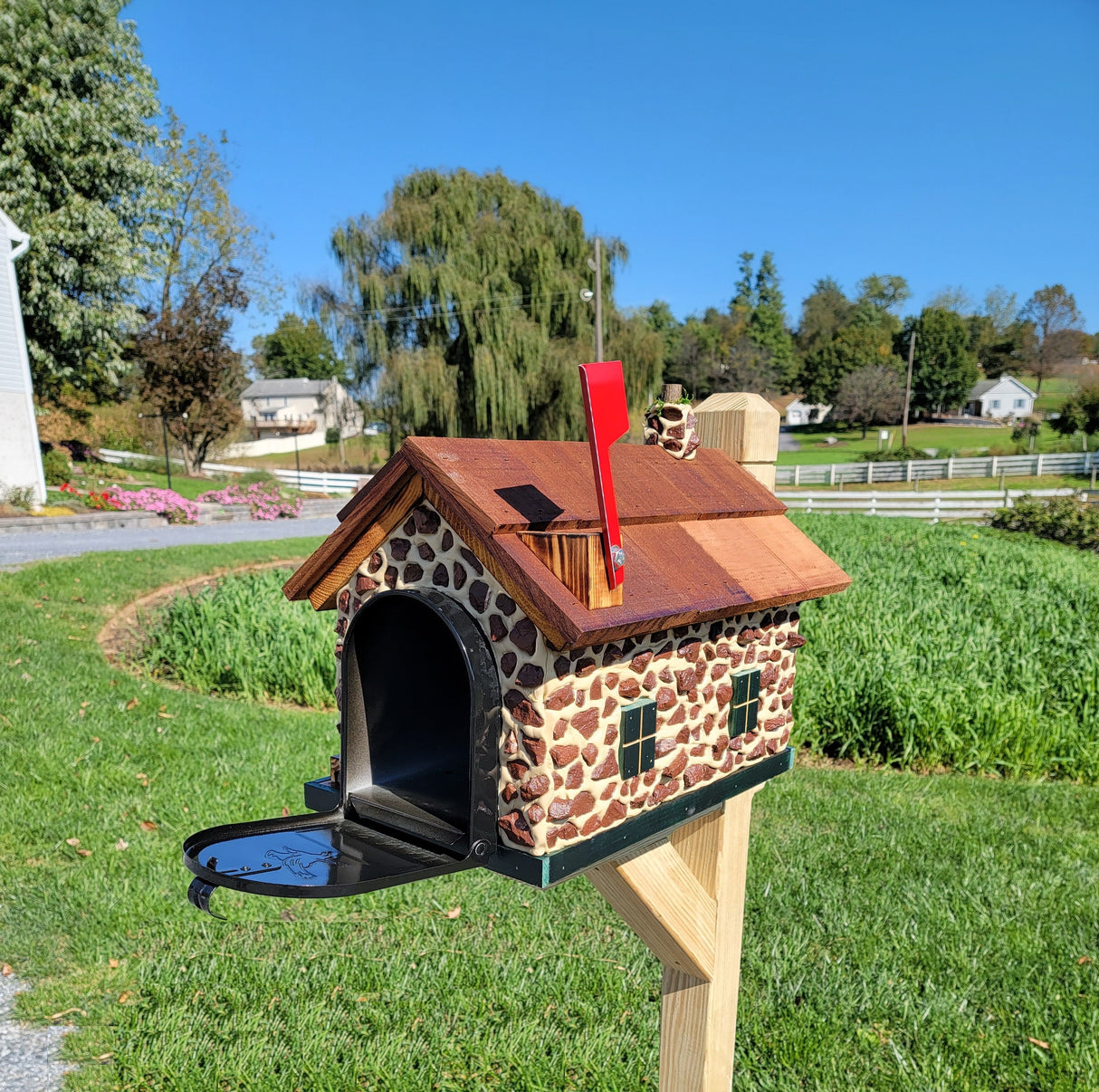 Red Stone House Mailbox, Amish Made Wooden With Cedar Shake Roof and USPS Approved Metal Insert - Barn Mailboxes Stone