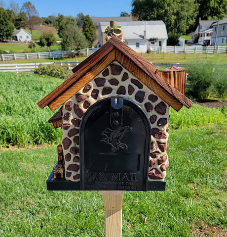 Red Stone House Mailbox, Amish Made Wooden With Cedar Shake Roof and USPS Approved Metal Insert - Barn Mailboxes Stone