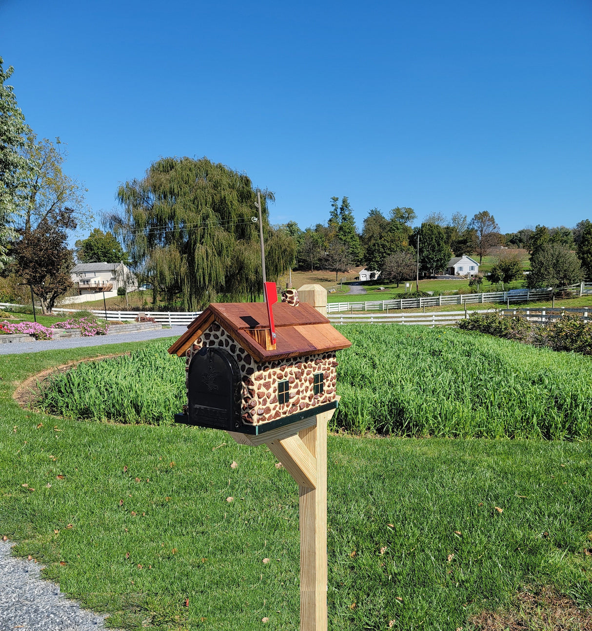 Red Stone House Mailbox, Amish Made Wooden With Cedar Shake Roof and USPS Approved Metal Insert - Barn Mailboxes Stone