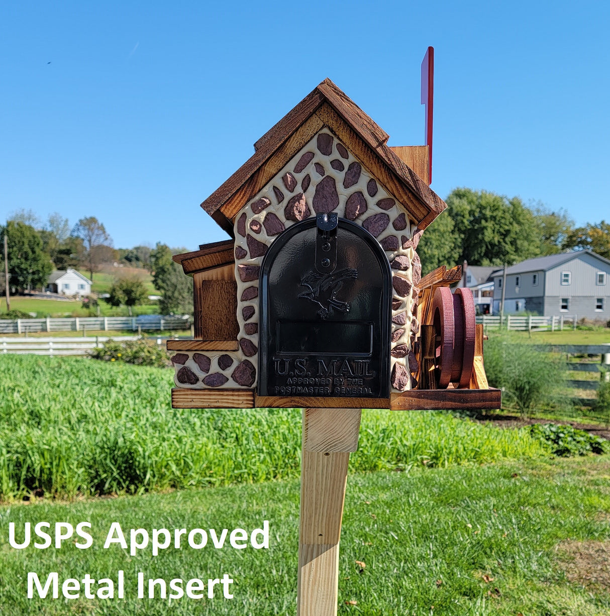 Waterwheel Mailbox, Amish Made Wooden With Red Stones Cover, Cedar Shake Roof, Decorative Waterwheel, and USPS Approved Metal Insert. - Barn Mailboxes Stone