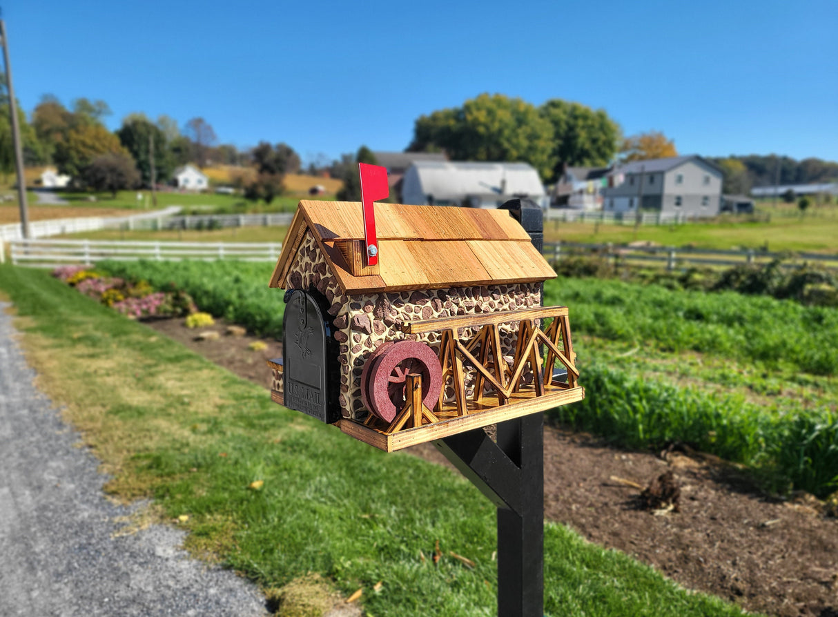 Waterwheel Mailbox, Amish Made Wooden With Red Stones Cover, Cedar Shake Roof, Decorative Waterwheel, and USPS Approved Metal Insert. - Barn Mailboxes Stone