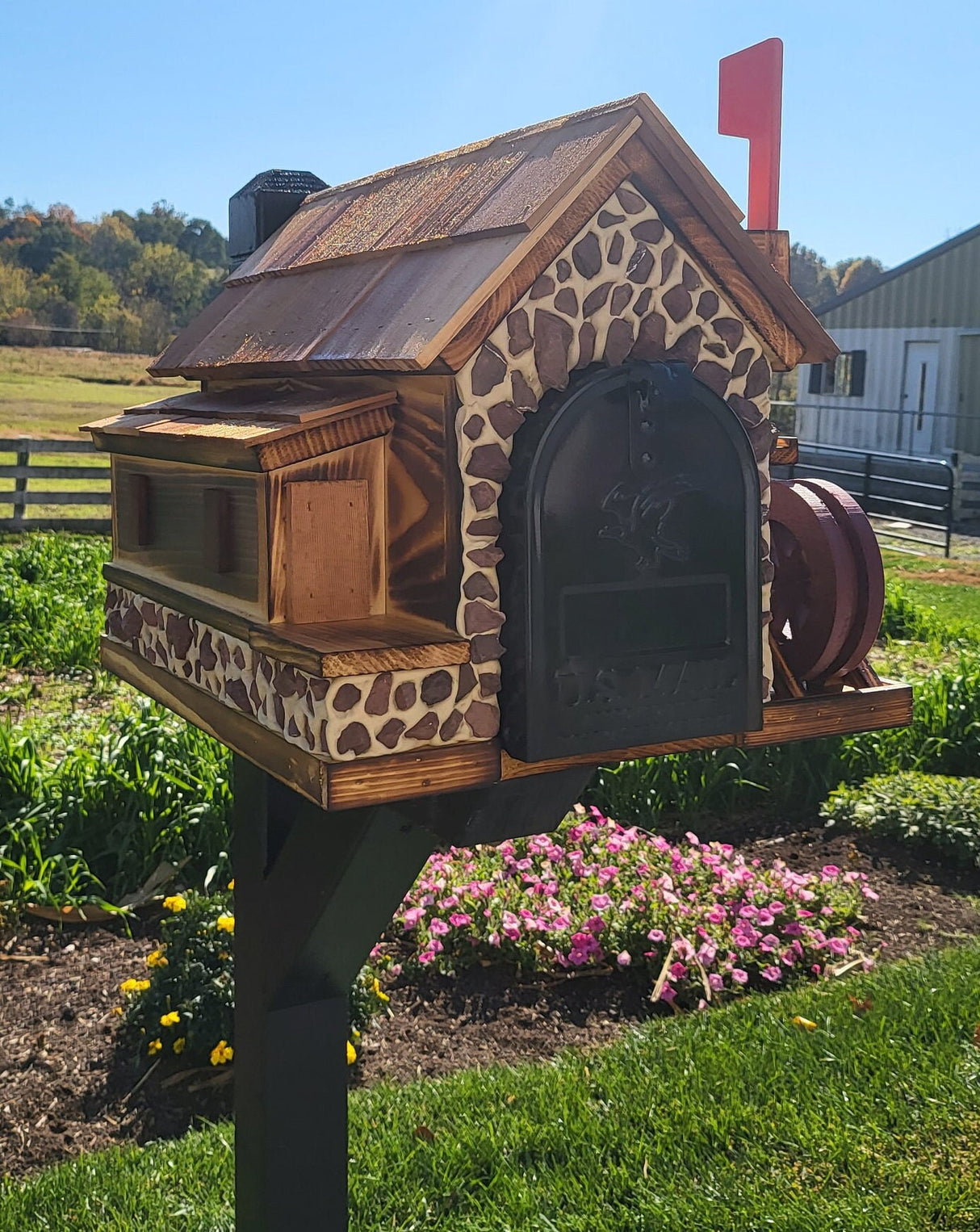 Waterwheel Mailbox, Amish Made Wooden With Red Stones Cover, Cedar Shake Roof, Decorative Waterwheel, and USPS Approved Metal Insert. - Barn Mailboxes Stone