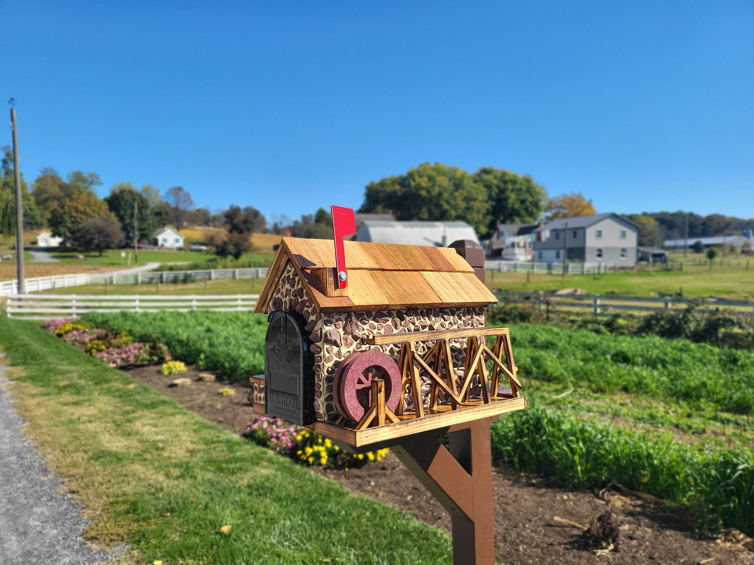 Waterwheel Mailbox, Amish Made Wooden With Red Stones Cover, Cedar Shake Roof, Decorative Waterwheel, and USPS Approved Metal Insert. - Barn Mailboxes Stone
