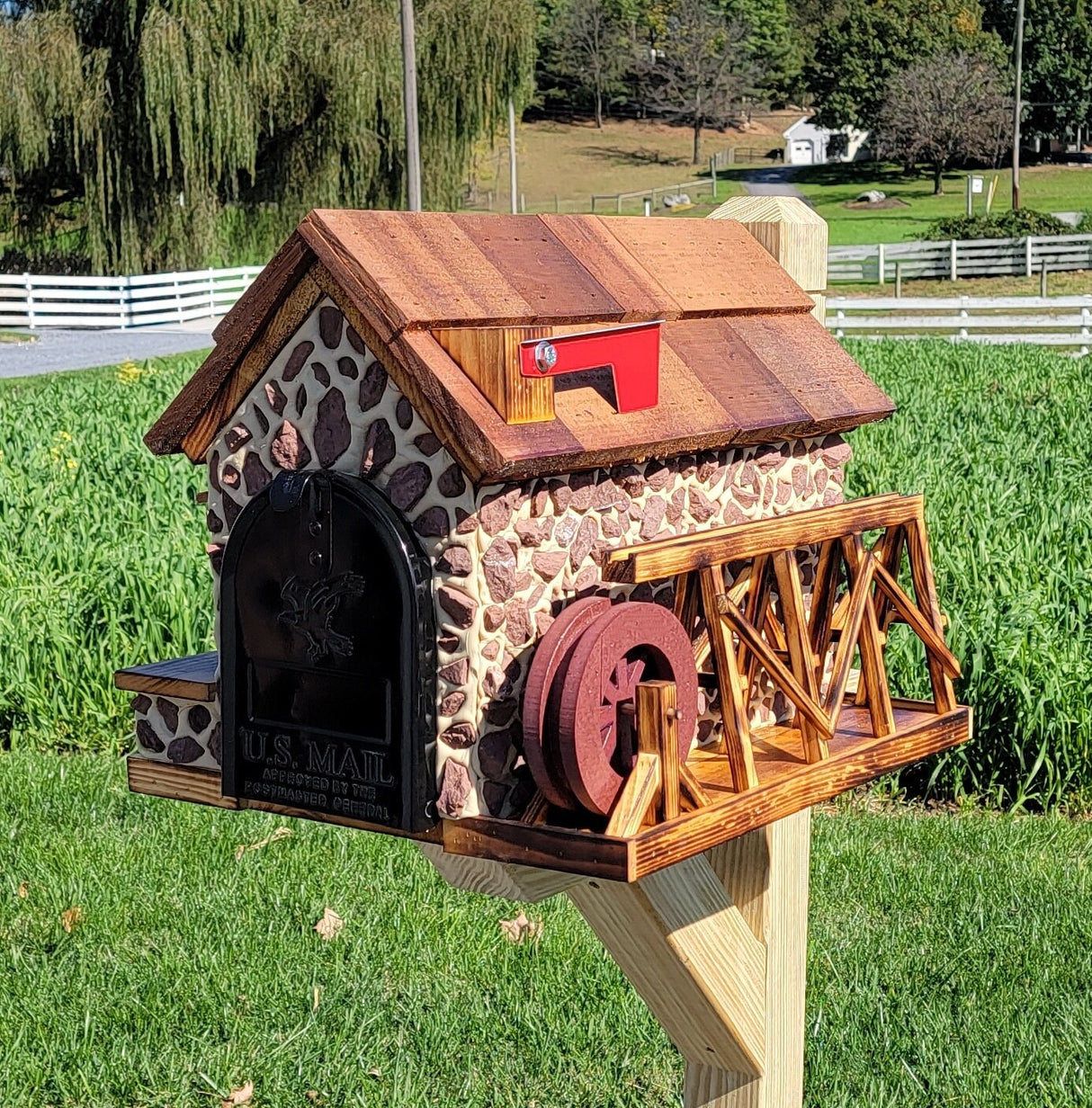 Waterwheel Mailbox, Amish Made Wooden With Red Stones Cover, Cedar Shake Roof, Decorative Waterwheel, and USPS Approved Metal Insert. - Barn Mailboxes Stone