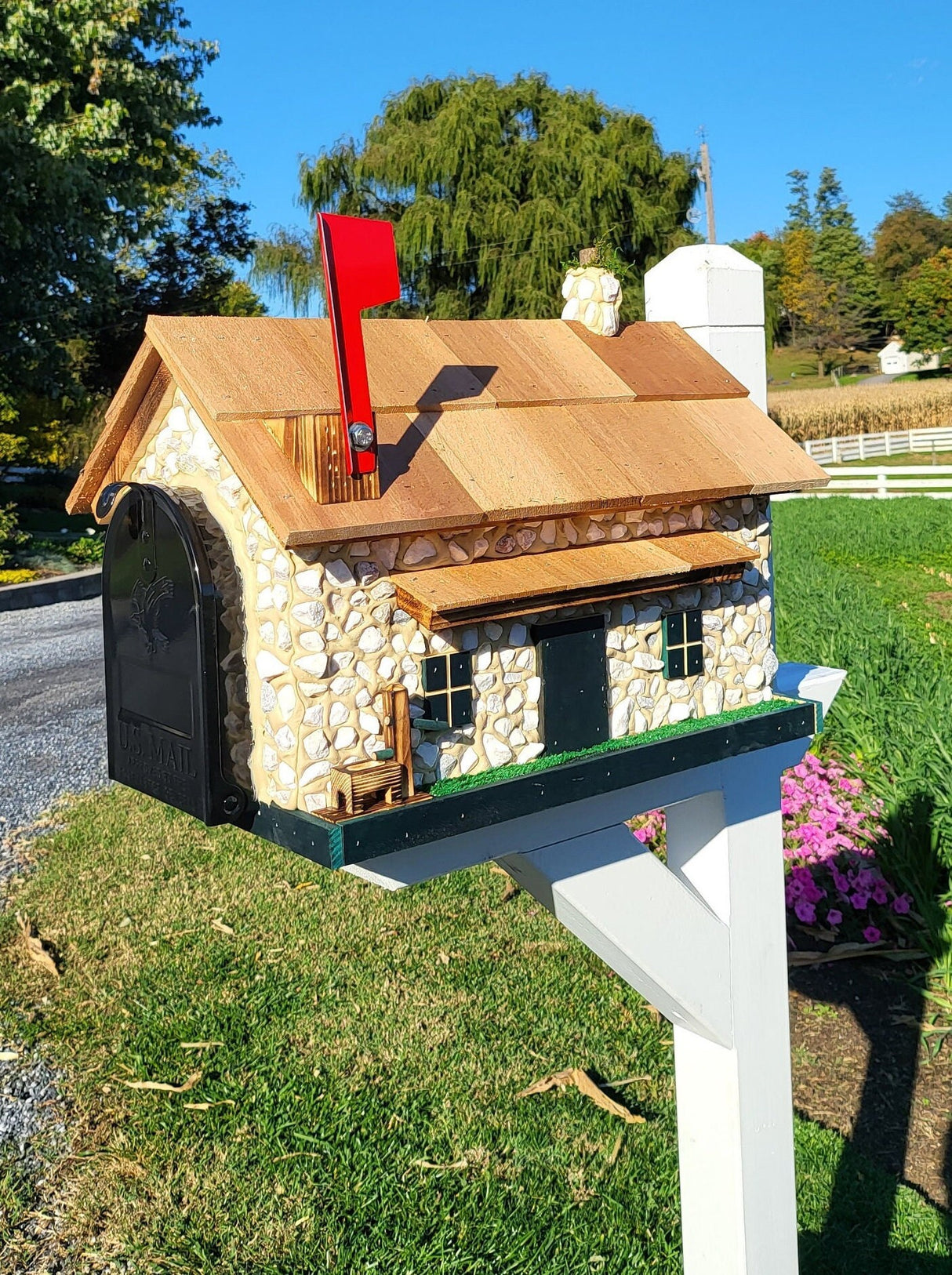 White Stone House Mailbox, Amish Made Wooden With Cedar Shake Roof and USPS Approved Metal Insert, Green Trim - Barn Mailboxes Stone