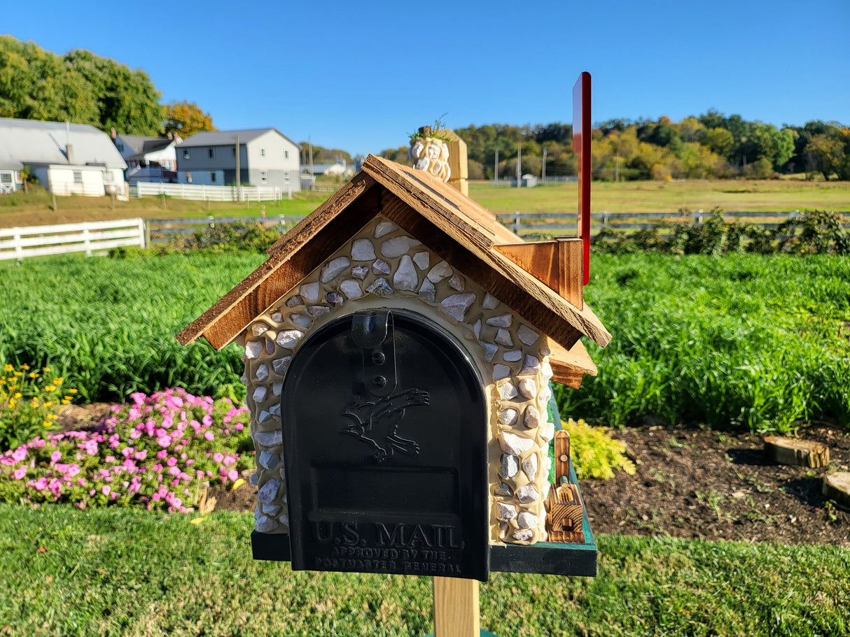 White Stone House Mailbox, Amish Made Wooden With Cedar Shake Roof and USPS Approved Metal Insert, Green Trim - Barn Mailboxes Stone