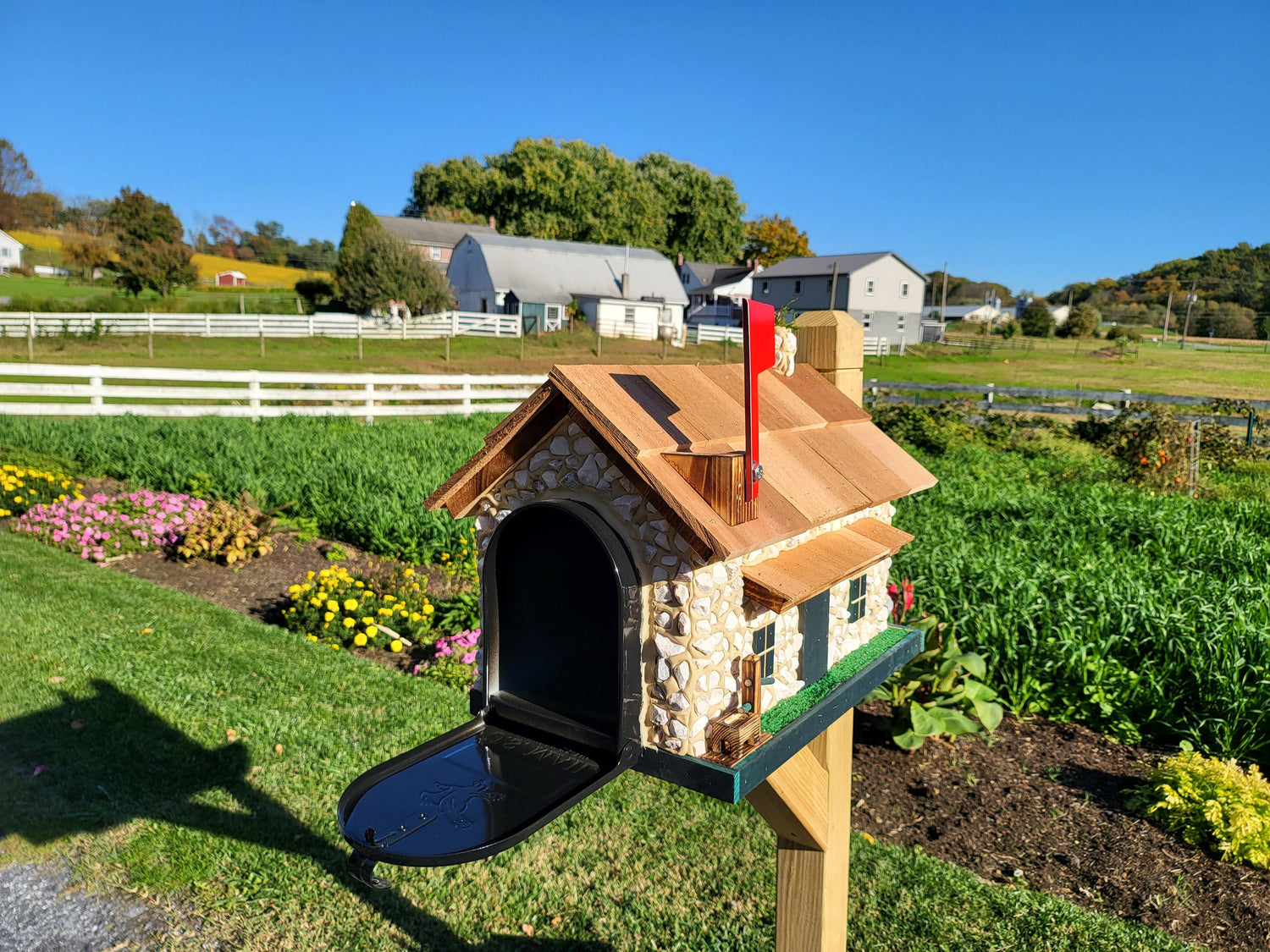 White Stone House Mailbox, Amish Made Wooden With Cedar Shake Roof and USPS Approved Metal Insert, Green Trim - Barn Mailboxes Stone