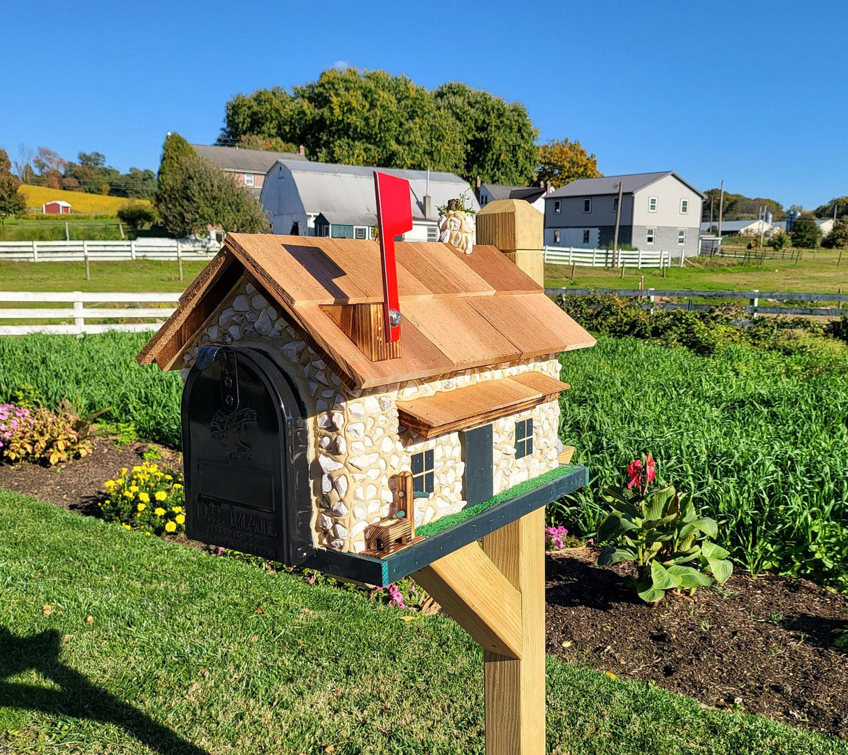 White Stone House Mailbox, Amish Made Wooden With Cedar Shake Roof and USPS Approved Metal Insert, Green Trim - Barn Mailboxes Stone
