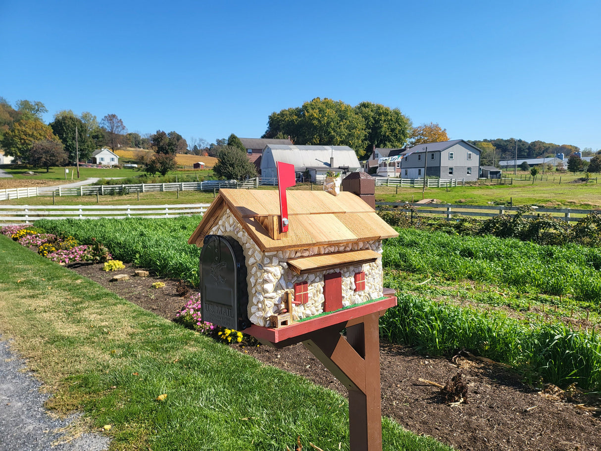 Mailbox + Post Set, White Stone House Mailbox, Amish Made + Custom Painted Post, With USPS Approved Metal Insert, Red Trim - Barn Mailboxes Stone