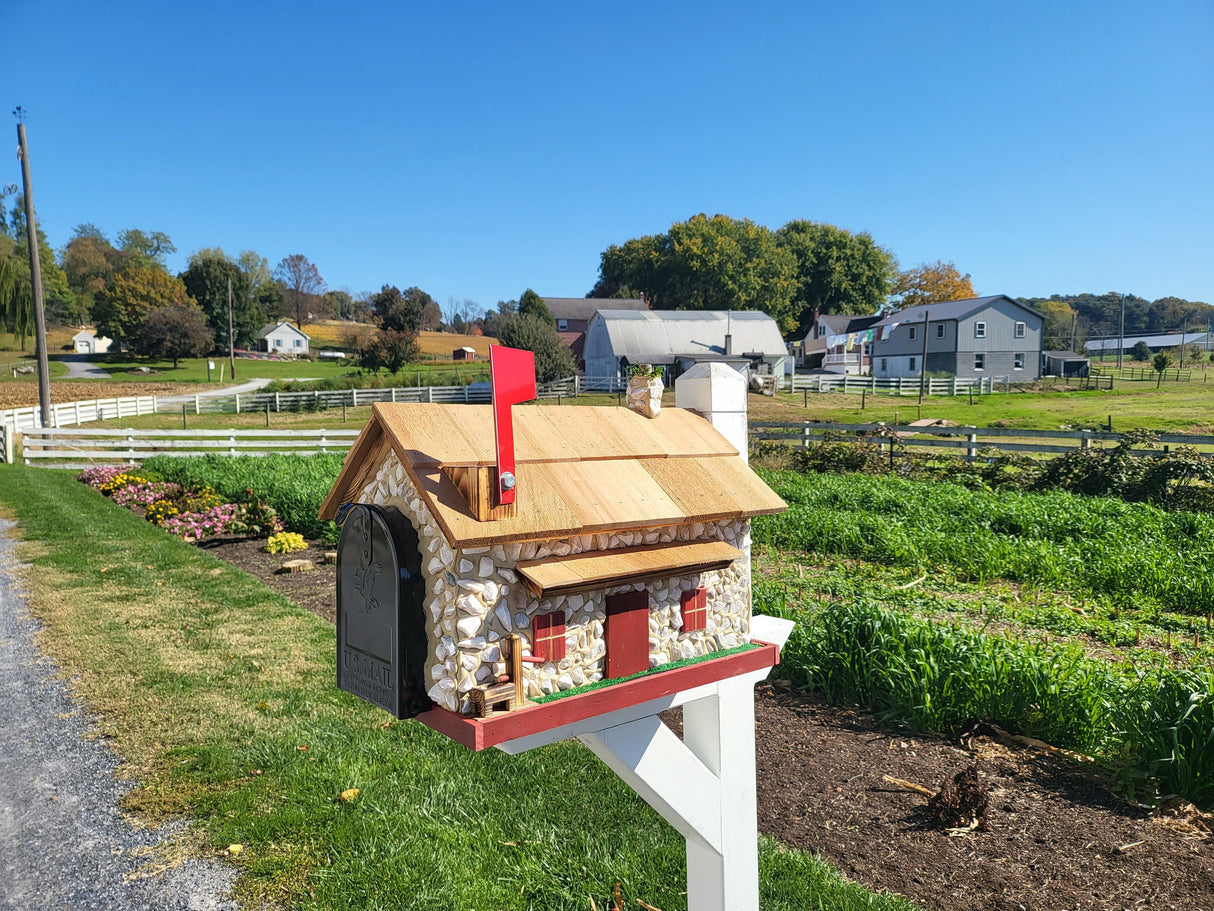Mailbox + Post Set, White Stone House Mailbox, Amish Made + Custom Painted Post, With USPS Approved Metal Insert, Red Trim - Barn Mailboxes Stone