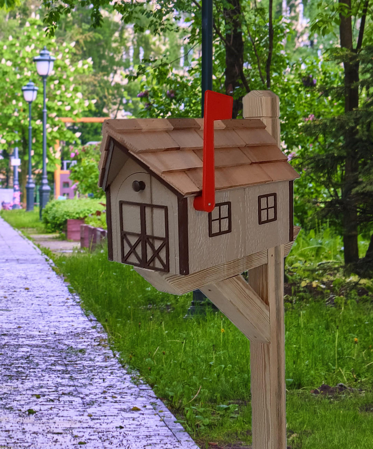 Handmade Mailbox - Wooden - Clay - Amish - Barn Style - Tall Prominent Flag - With Cedar Shake Shingles Roof - Large - Detailed - Mailbox - Barn Mailboxes Wood
