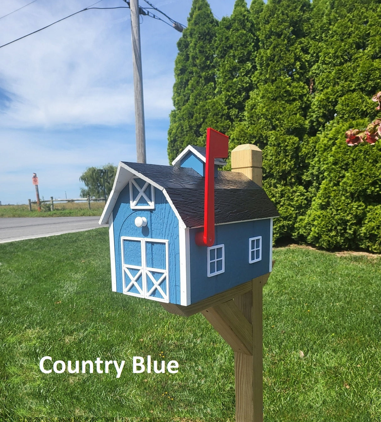 Dutch Barn Wood Mailbox Amish Made, Choose Your Color, Amish Mailbox With Red Flag, Black Roof - Dutch Barn