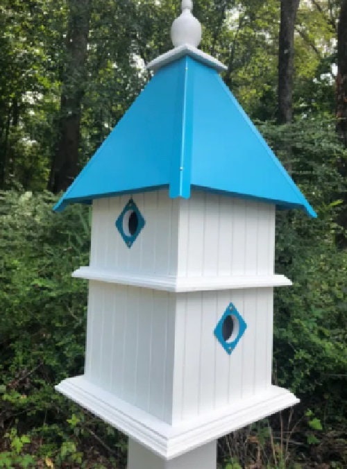 Birdhouse Handmade Vinyl PVC 2 Story With 4 Nesting Compartment, Metal Predator Guards, Choose Your Roof Color, Weather Resistant - Home & Living:Outdoor & Gardening:Feeders & Birdhouses:Birdhouses
