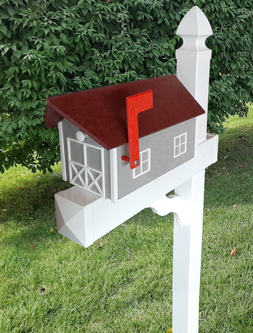 Amish Mailbox - Handmade - Poly Lumber Barn Style - Cherry Roof, Gray Box With White Trim - Weather Resistant