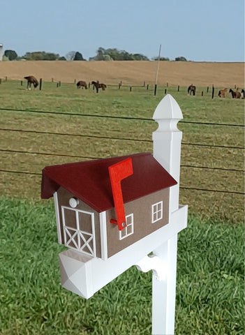 Amish Mailbox - Handmade - Poly Lumber Barn Style - Cherry roof, Clay Box With White Trim - Weather Resistant