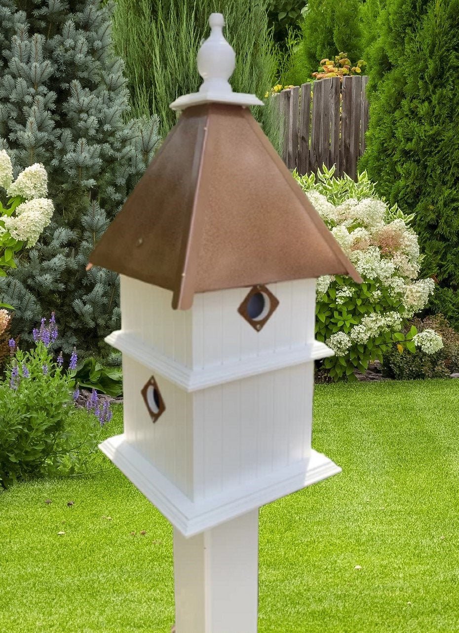 Birdhouse Handmade Vinyl PVC 2 Story With 4 Nesting Compartment, Metal Predator Guards, Choose Your Roof Color, Weather Resistant - Home & Living:Outdoor & Gardening:Feeders & Birdhouses:Birdhouses