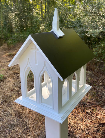 Chapel Bird Feeder Handmade, Choose Roof Color, Gothic Arches Design, Pole Not Included