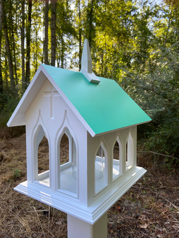 Chapel Bird Feeder Handmade, Choose Roof Color, Gothic Arches Design, Pole Not Included