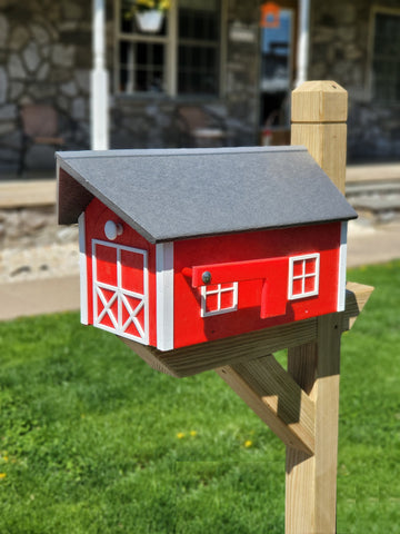 Country Mailbox Red Box, White Trim, Black Roof, Amish Handmade Barn Mailbox Poly Lumber Weather Resistant