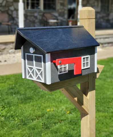 Barn Mailbox Gray Box, White Trim, Black Roof, Amish Made Mailbox Poly Lumber Weather Resistant