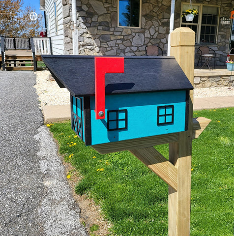 Country Barn Mailbox Teal Box, Black Box and Trim, Amish Handmade Mailbox Poly Lumber Weather Resistant