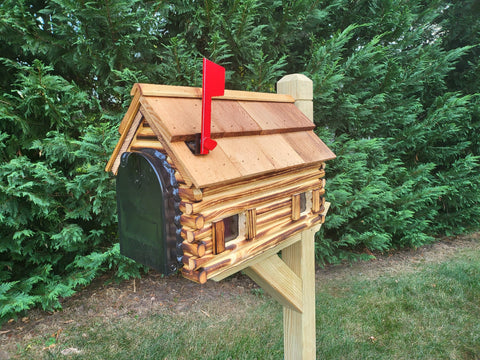 Amish Mailbox - Handmade - Log Cabin Style - Wooden - With Cedar Shake Roof and Metal Box Insert