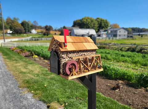 Waterwheel Mailbox, Amish Made Wooden With Red Stones Cover, Cedar Shake Roof, Decorative Waterwheel, and USPS Approved Metal Insert.