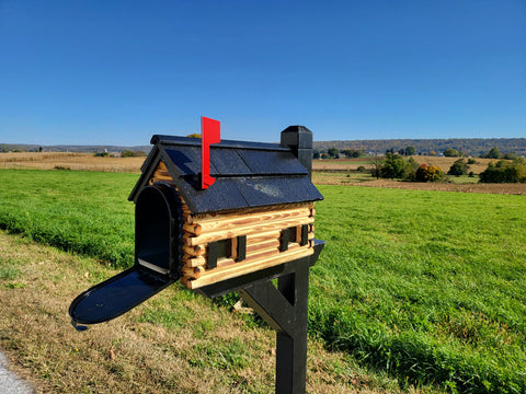 Barn Mailbox Amish Handmade Log Cabin Style, Wooden With Cedar Shake Roof and Metal Box Insert