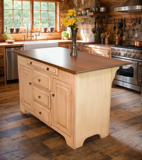 Solid wood Amish-style kitchen island in a rustic farmhouse kitchen with natural light