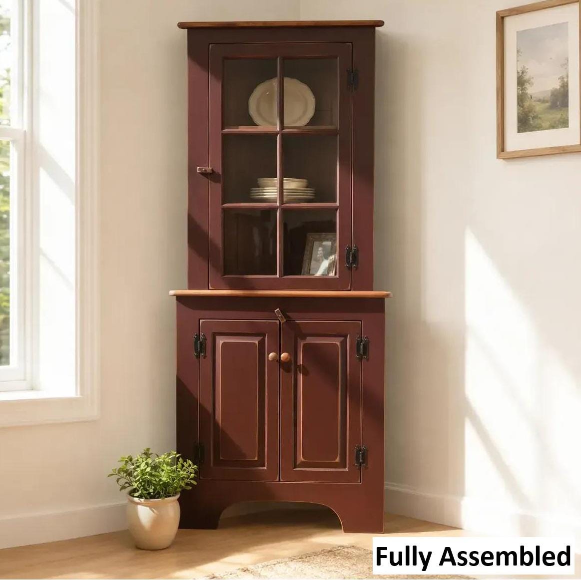 Amish Handmade Glass Corner Cabinet - Multipurpose Cabinet - Farmhouse - Primitive Cabinet - Corner Cupboard - Amish Bookcase - Case Goods