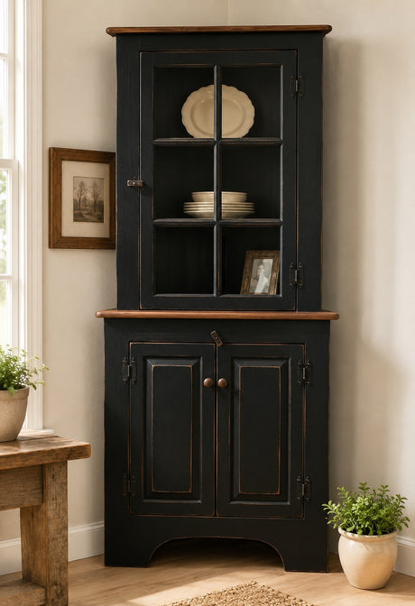Amish Handmade Glass Corner Cabinet - Multipurpose Cabinet - Farmhouse - Primitive Cabinet - Corner Cupboard - Amish Bookcase - Case Goods