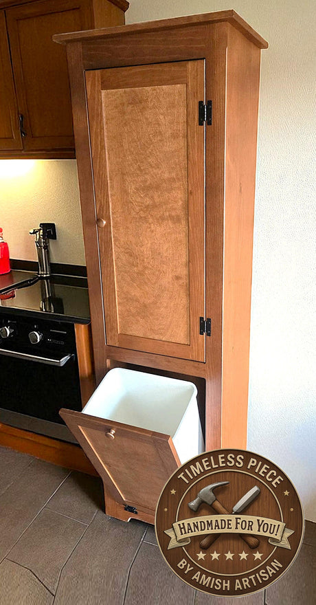 Amish Handmade Pine Cabinet: Farmhouse Kitchen Cupboard with Trash Bin