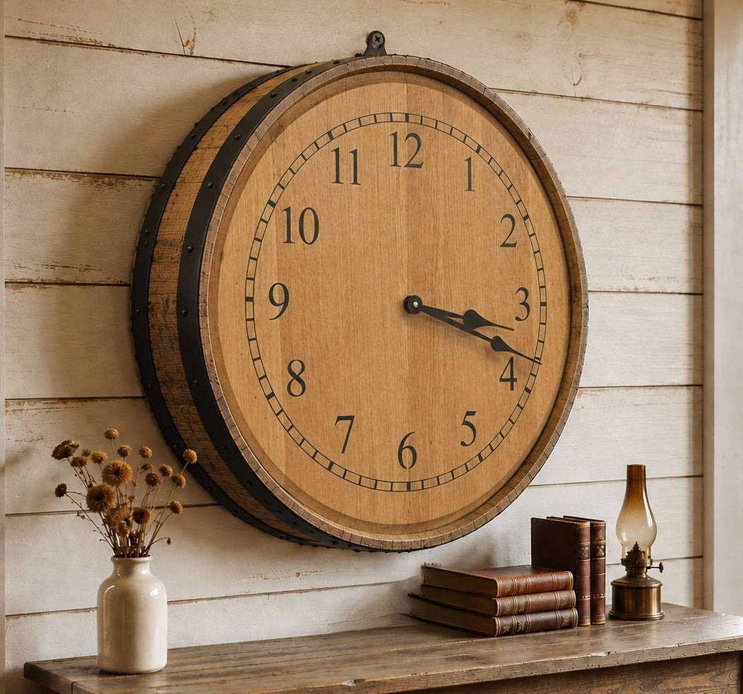 Amish Handmade Whiskey Barrel Clock - Rustic Clocks - Large Wall Clock - Primitive - Unique Clocks - Wood Clock - Display - Vintage Clocks