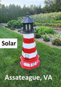 May include: A red and white striped lighthouse with a black roof and a solar panel on top. The lighthouse is on a green lawn with the words &#39;Solar&#39; and &#39;Assateague, VA&#39; printed below it.