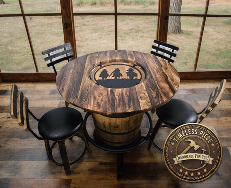 Barrel Bar Table - Amish Handmade - Counter Table - Bar Chairs - Farmhouse Furniture - Swivel Chairs - Cushion Seat - Whiskey Barrel- Rustic