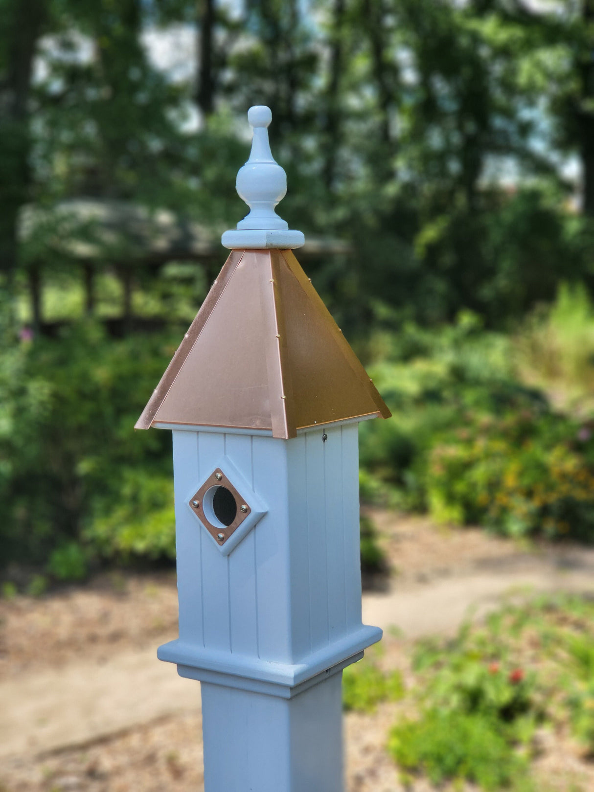 Bluebird Birdhouse Patina Copper Top Handmade Vinyl With 1 Nesting Compartment, Metal Predator Guards, Weather Resistant, Birdhouse Outdoor