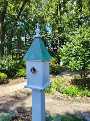 Bluebird Birdhouse Patina Copper Top Handmade Vinyl With 1 Nesting Compartment, Metal Predator Guards, Weather Resistant, Birdhouse Outdoor