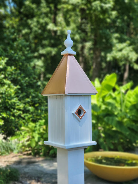 Bluebird Birdhouse Patina Copper Top Handmade Vinyl With 1 Nesting Compartment, Metal Predator Guards, Weather Resistant, Birdhouse Outdoor