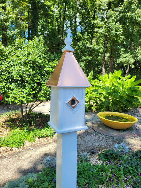 Bluebird Birdhouse Patina Copper Top Handmade Vinyl With 1 Nesting Compartment, Metal Predator Guards, Weather Resistant, Birdhouse Outdoor