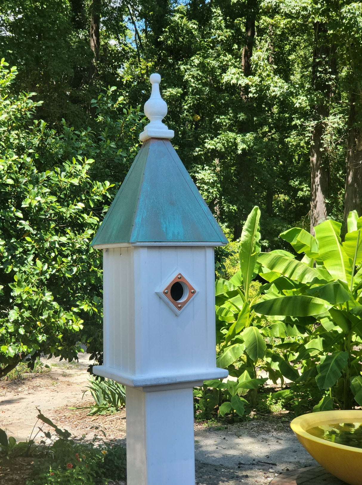 Bluebird Birdhouse Patina Copper Top Handmade Vinyl With 1 Nesting Compartment, Metal Predator Guards, Weather Resistant, Birdhouse Outdoor