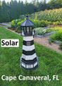 May include: A black and white striped lighthouse with a black roof and a solar panel on top. The lighthouse is standing on a green grassy lawn. The text &#39;Solar&#39; is visible in the image. The text &#39;Cape Canaveral, FL&#39; is also visible in the image.