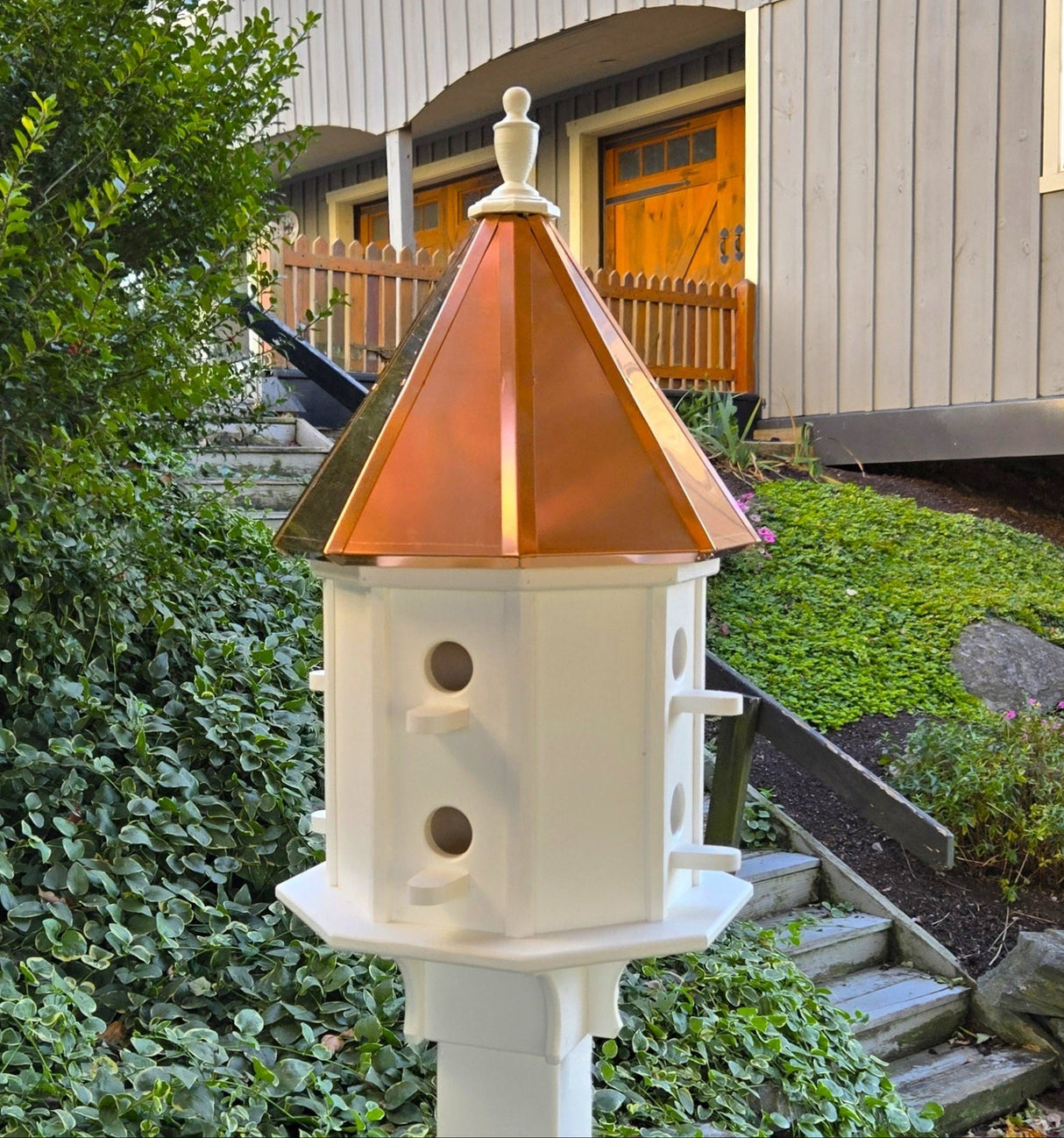 Copper roof birdhouse, weather-resistant, 8 nesting compartments. poly, bird lovers, bird sanctuary, perch