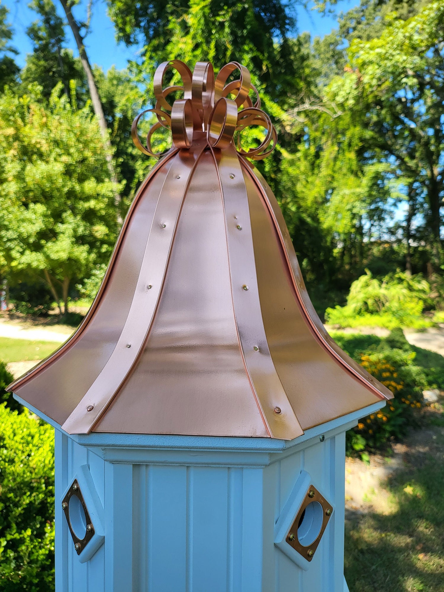 Bell Copper Roof Bird House With Curly Copper Design, 4 Nesting Compartments, Extra Large Weather Resistant Birdhouse