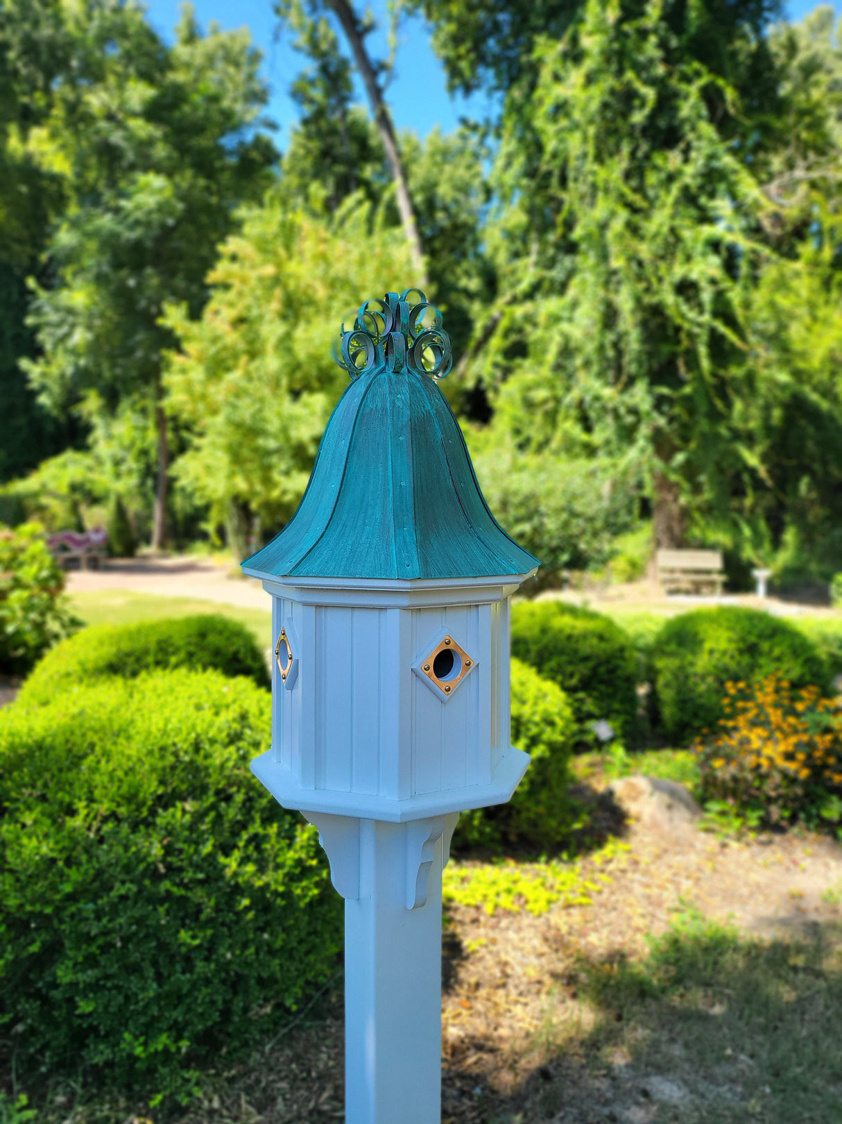 Bell Copper Roof Bird House With Curly Copper Design, 4 Nesting Compartments, Extra Large Weather Resistant Birdhouse