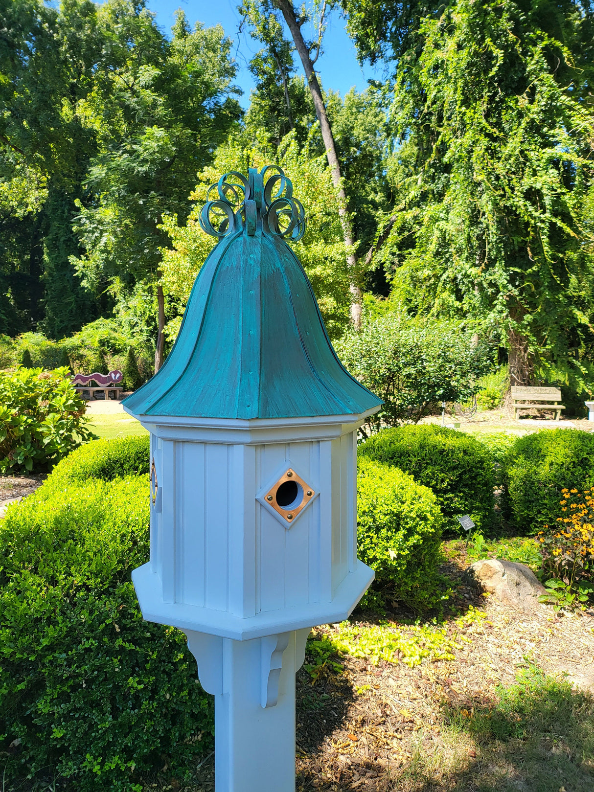 Bell Copper Roof Bird House With Curly Copper Design, 4 Nesting Compartments, Extra Large Weather Resistant Birdhouse