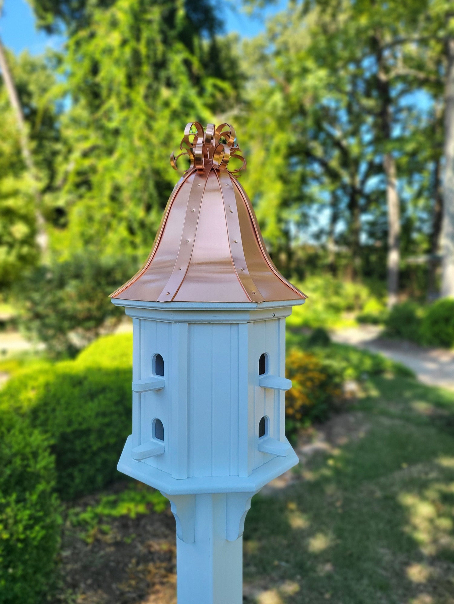 Bell Copper Roof Bird House With Curly Copper Design, 8 Nesting Compartments, Extra Large Weather Resistant Birdhouse