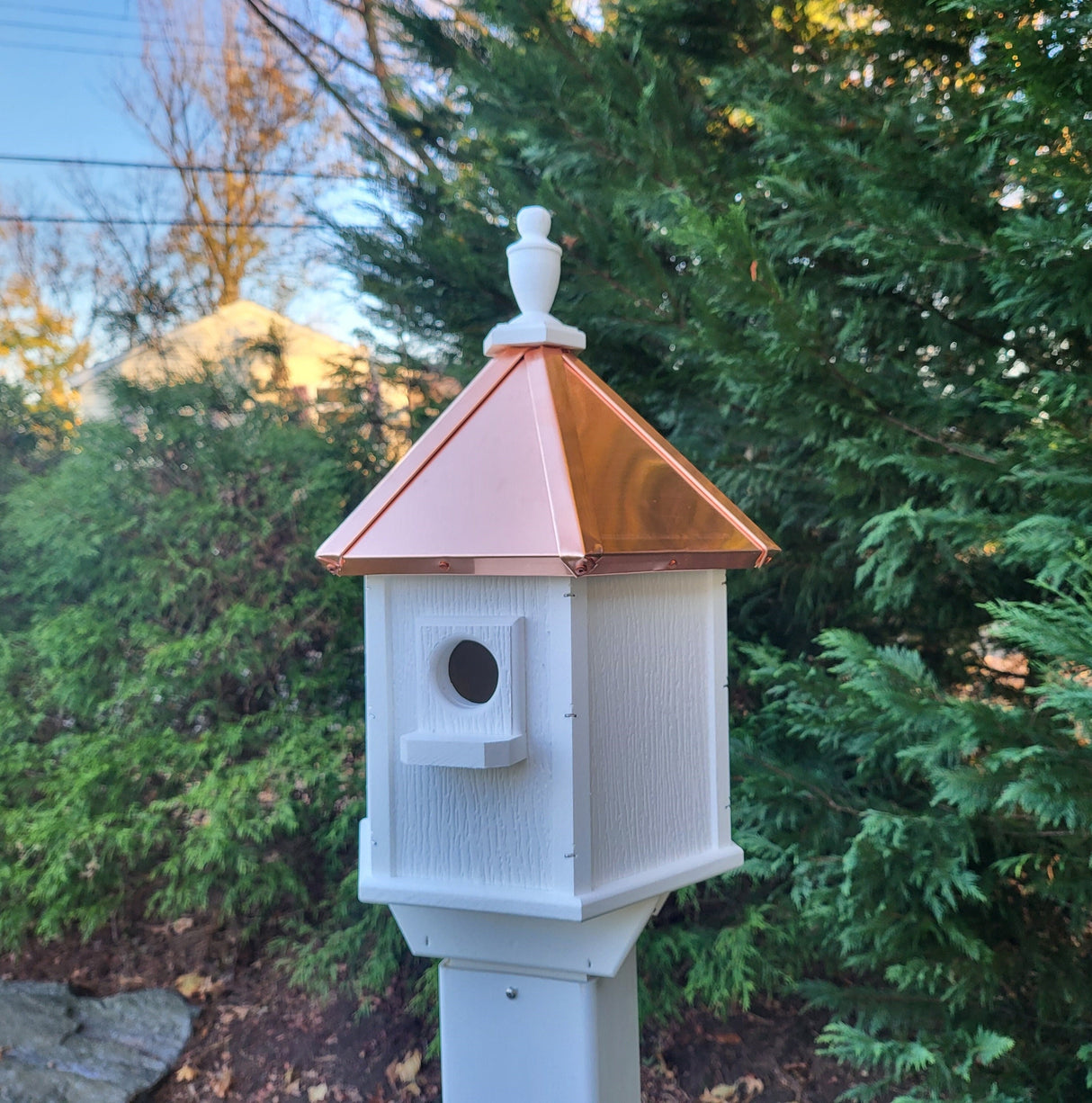 2 Nesting Compartments Amish Handmade Copper Roof Birdhouse With Individual Perches, Duplex 2 Holes Bluebird Songbird Bird House