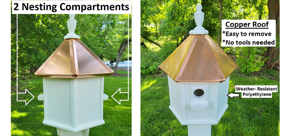 2 Nesting Compartments Amish Handmade Copper Roof Birdhouse With Individual Perches, Duplex 2 Holes Bluebird Songbird Bird House