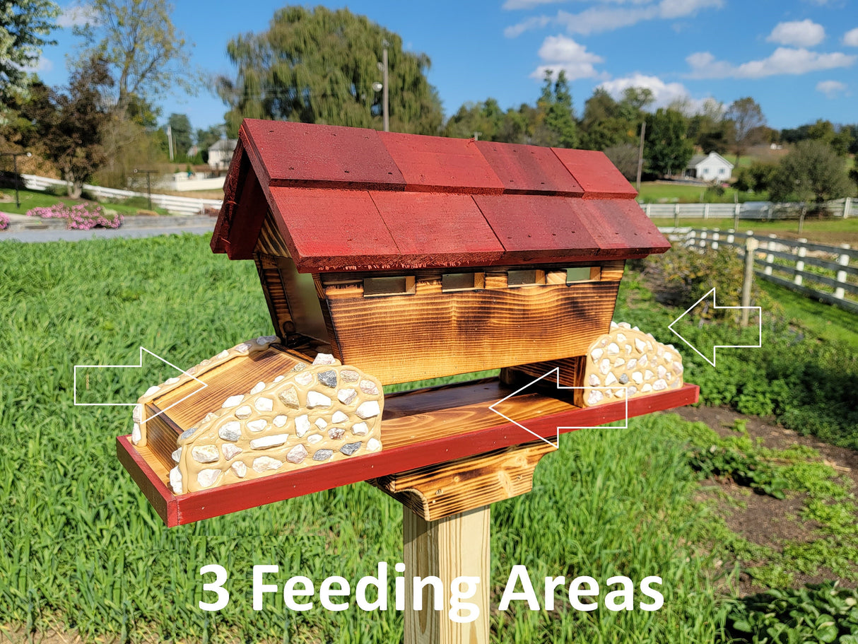 Covered Bird Feeder Amish Made With 3 Feeding Areas, Large, Made of White Pine and White Stones, Bridge Design