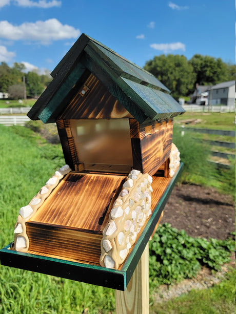 Covered Bird Feeder Amish Made With 3 Feeding Areas, Large, Made of White Pine and White Stones, Bridge Design